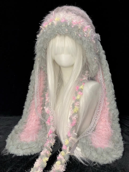 Pink Grey Bunny Crochet Hat