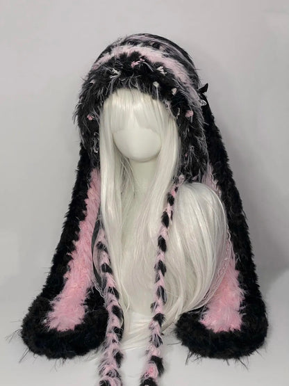 Black Pink Bunny Crochet Hat