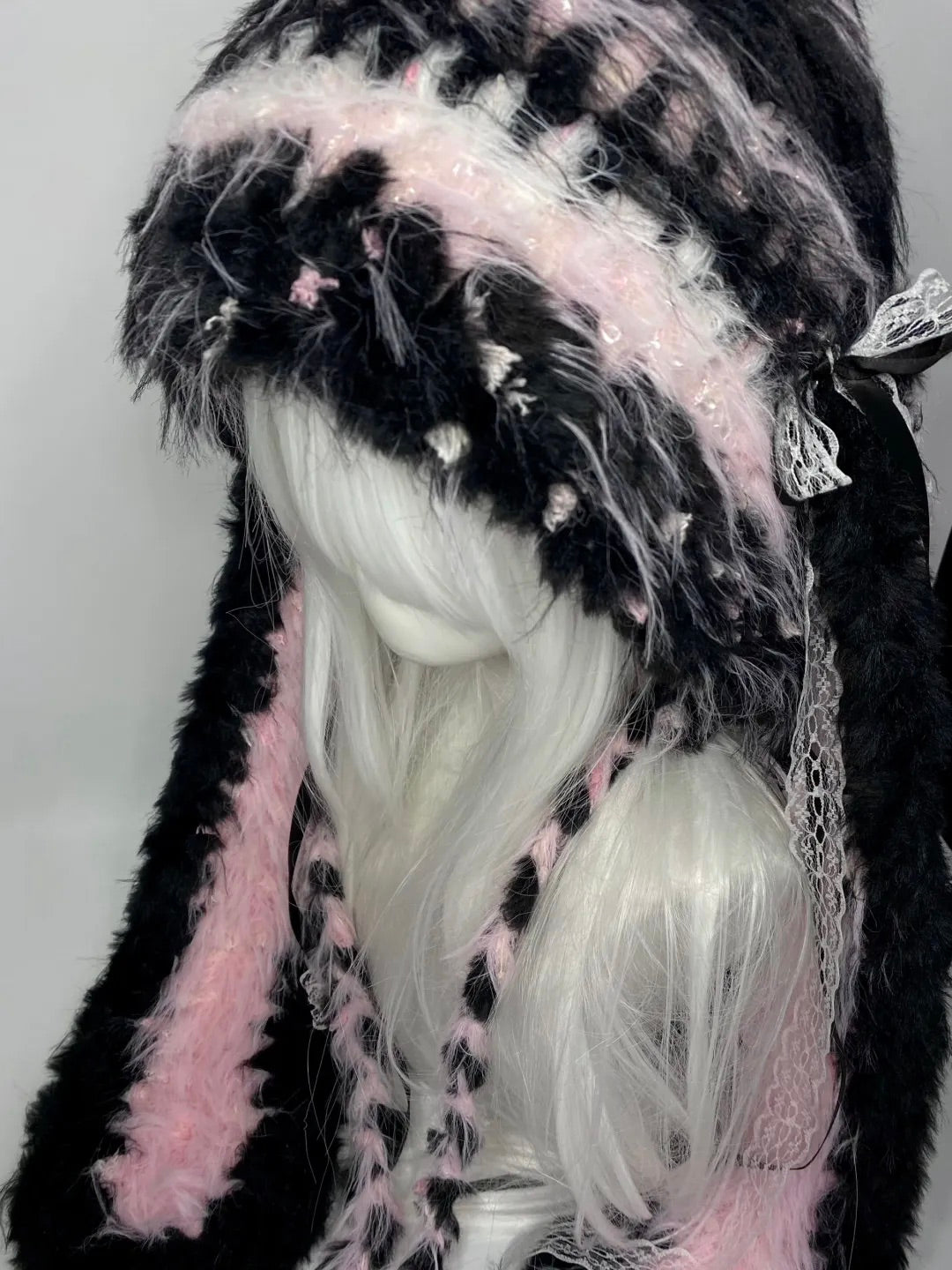 Black Pink Bunny Crochet Hat