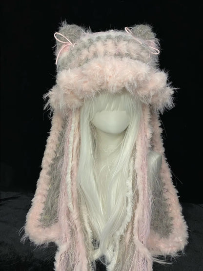 Pink Grey Bunny Cat Ear Crochet Hat