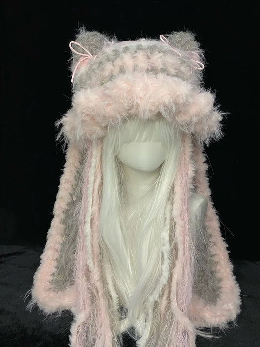 Pink Grey Bunny Cat Ear Crochet Hat