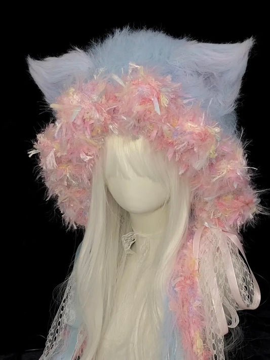 Pink Blue Fox Ear Crochet Hat