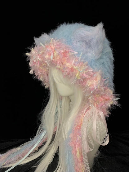 Pink Blue Fox Ear Crochet Hat