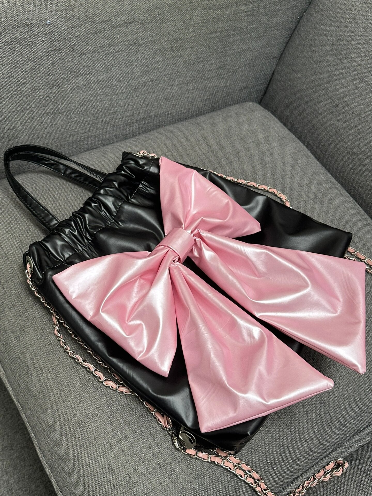 Pink Bow Tie Silver Hobo Bag