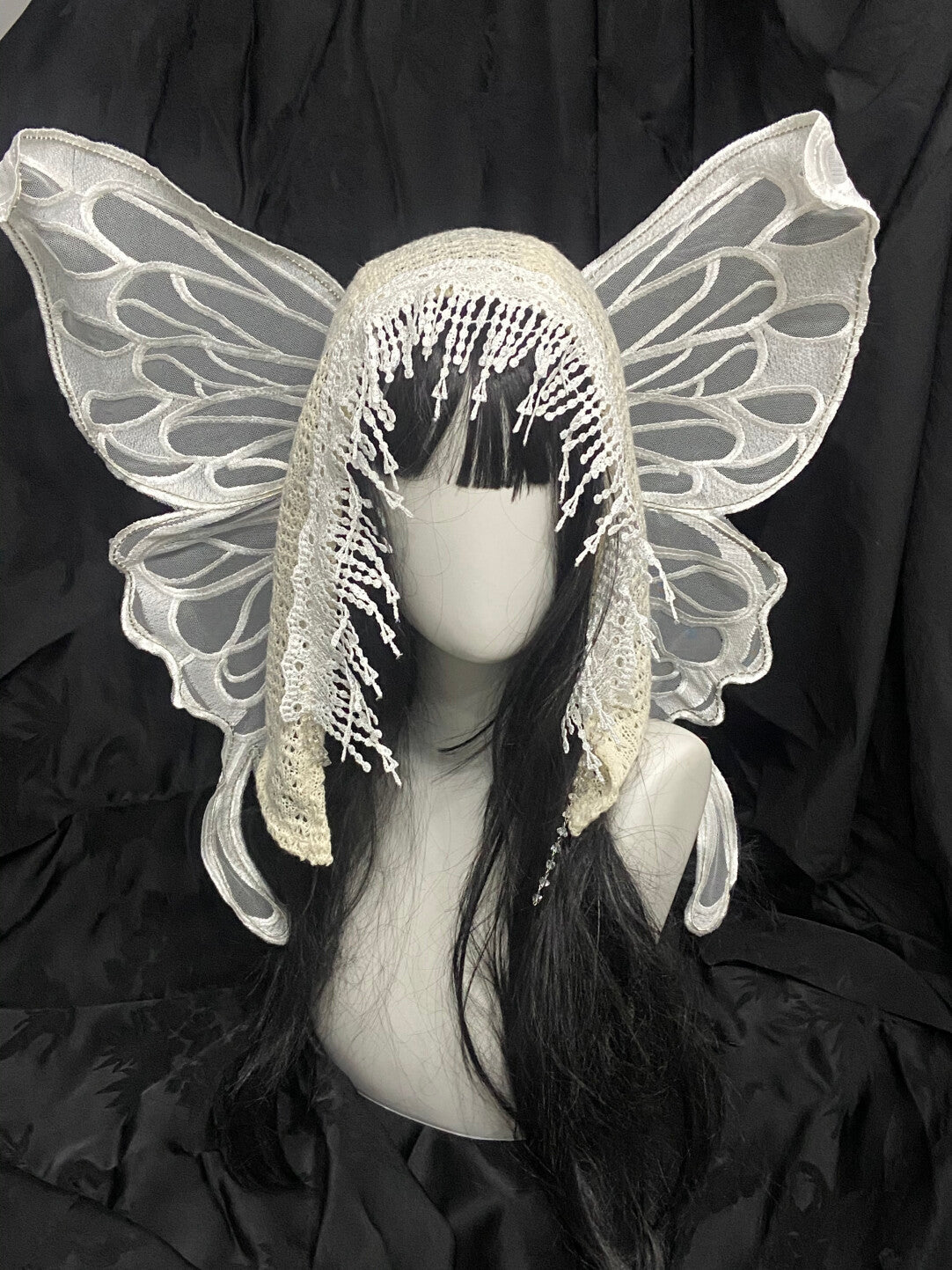 Lace Beaded Tassel Hood with Butterfly Wings