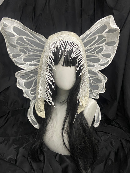 Lace Beaded Tassel Hood with Butterfly Wings