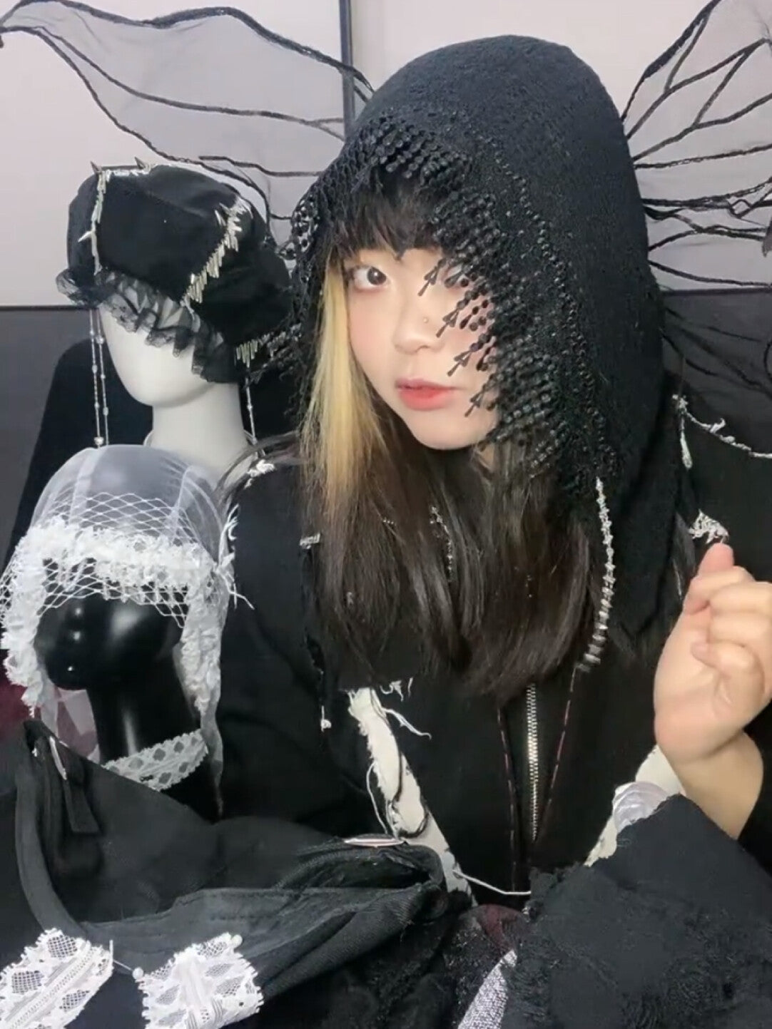 Lace Beaded Tassel Hood with Butterfly Wings