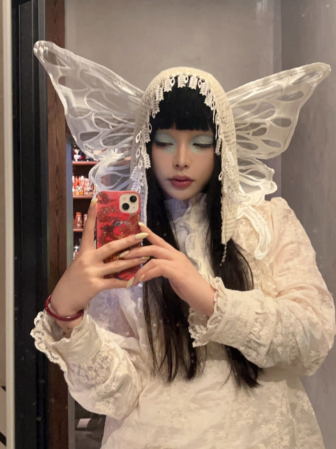 Lace Beaded Tassel Hood with Butterfly Wings