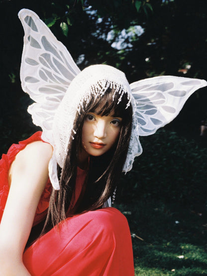 Lace Beaded Tassel Hood with Butterfly Wings