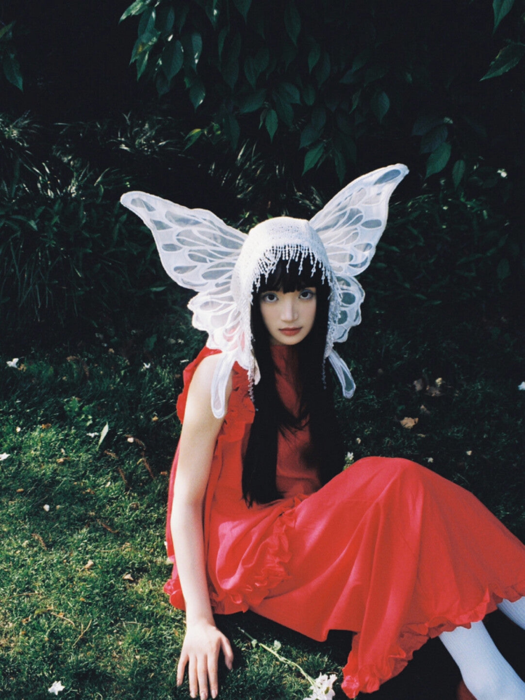 Lace Beaded Tassel Hood with Butterfly Wings