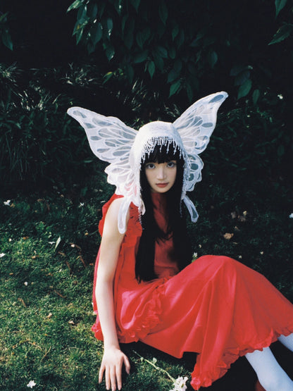 Lace Beaded Tassel Hood with Butterfly Wings