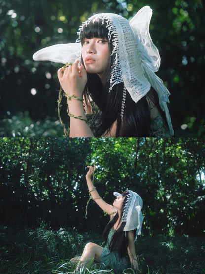 Lace Beaded Tassel Hood with Butterfly Wings