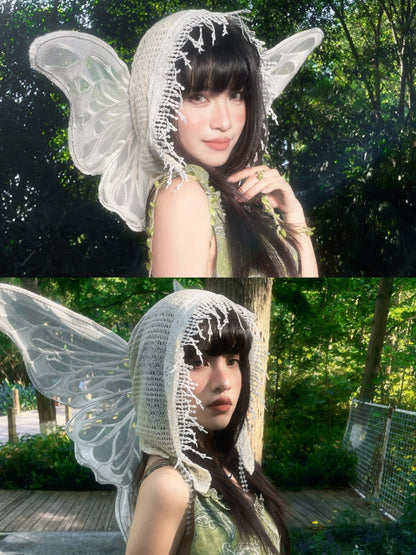 Lace Beaded Tassel Hood with Butterfly Wings