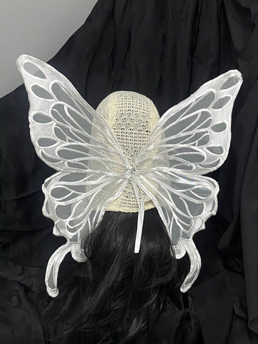 Lace Beaded Tassel Hood with Butterfly Wings