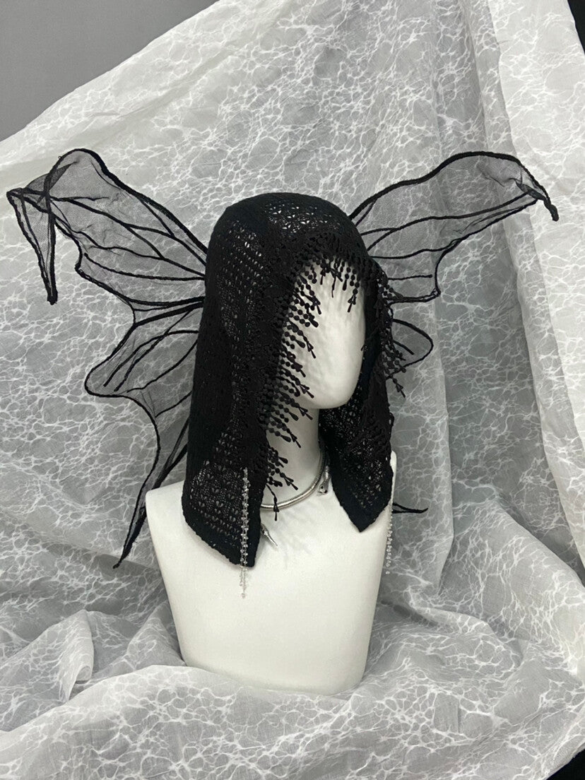 Lace Beaded Tassel Hood with Butterfly Wings