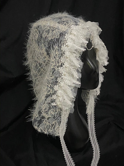 Lace Plush Ruffled Pearl-Studded Hood