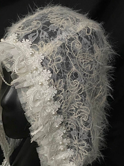 Lace Plush Ruffled Pearl-Studded Hood