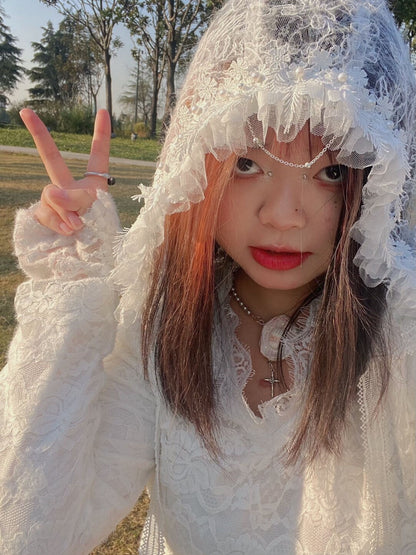 Lace Plush Ruffled Pearl-Studded Hood