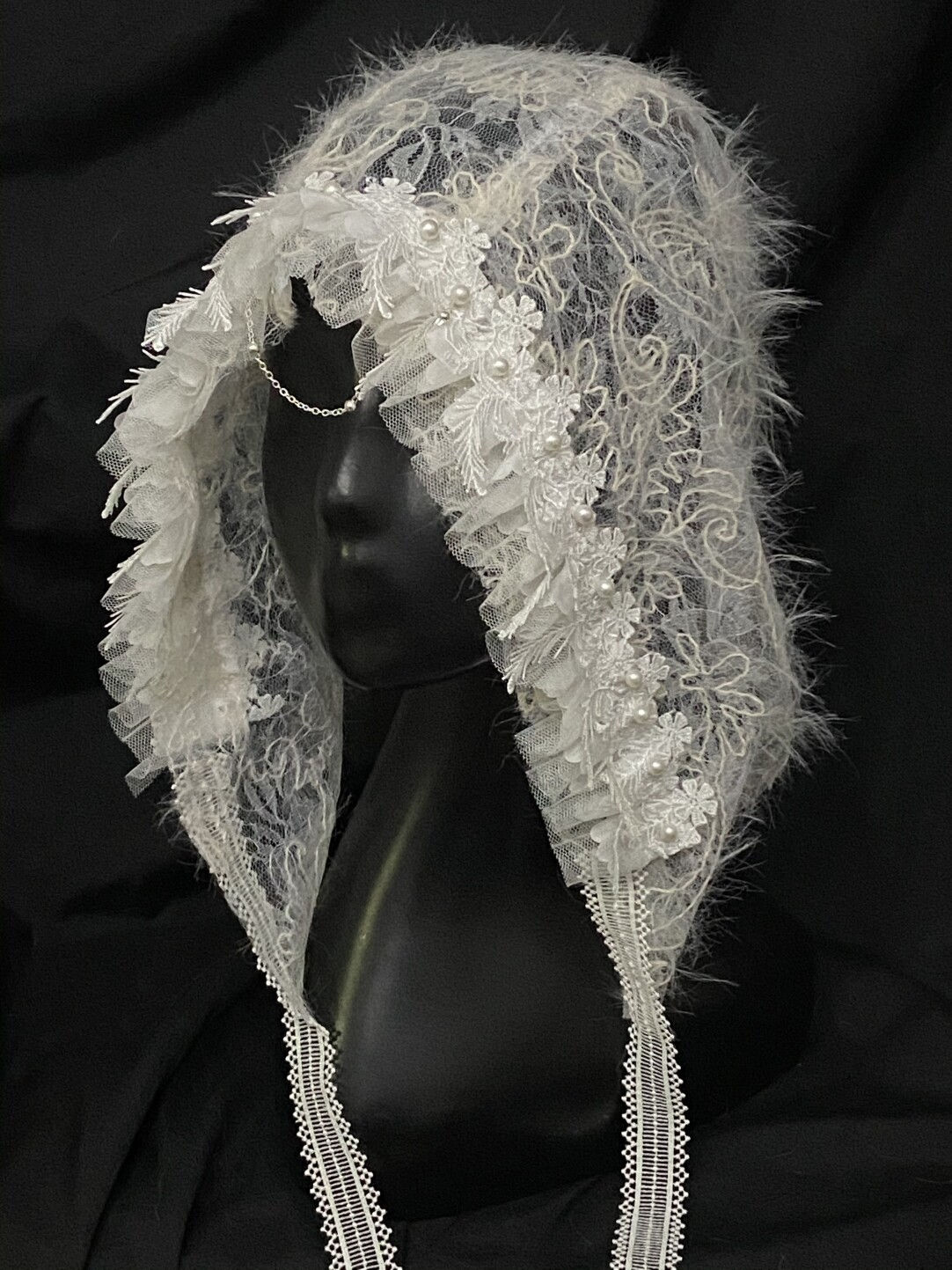 Lace Plush Ruffled Pearl-Studded Hood
