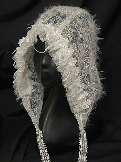 Lace Plush Ruffled Pearl-Studded Hood