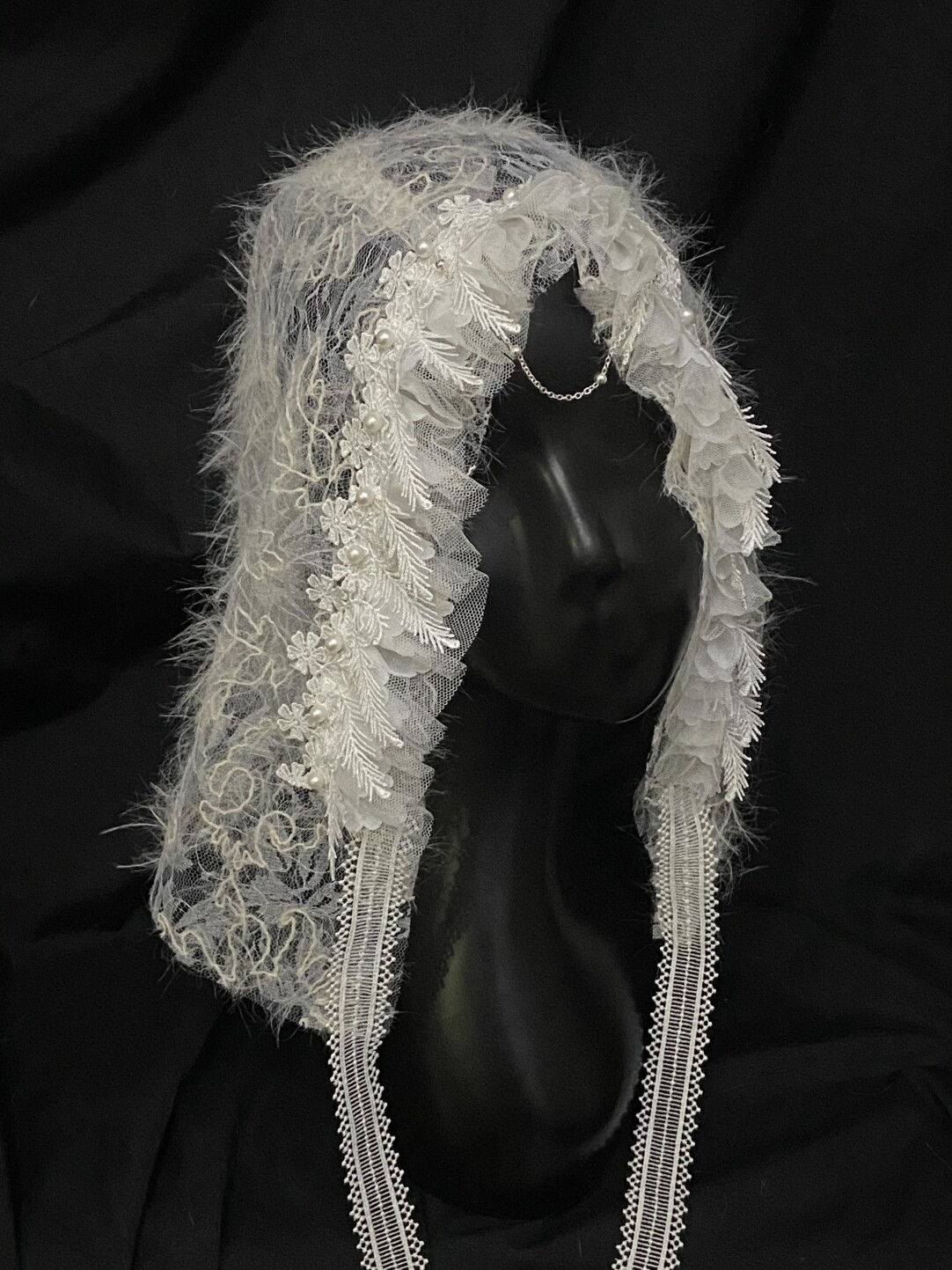 Lace Plush Ruffled Pearl-Studded Hood