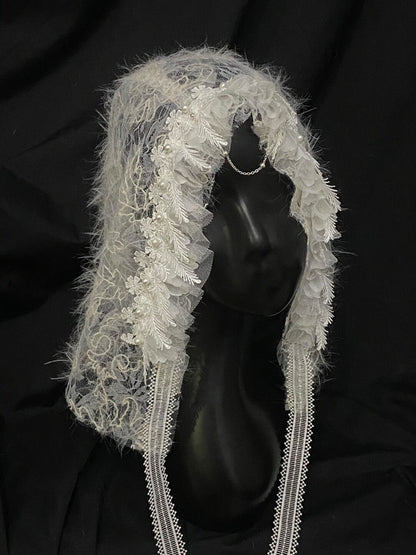 Lace Plush Ruffled Pearl-Studded Hood