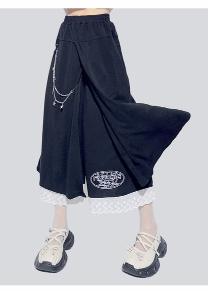 Lace Trim Chain Detail Skirt-Pants