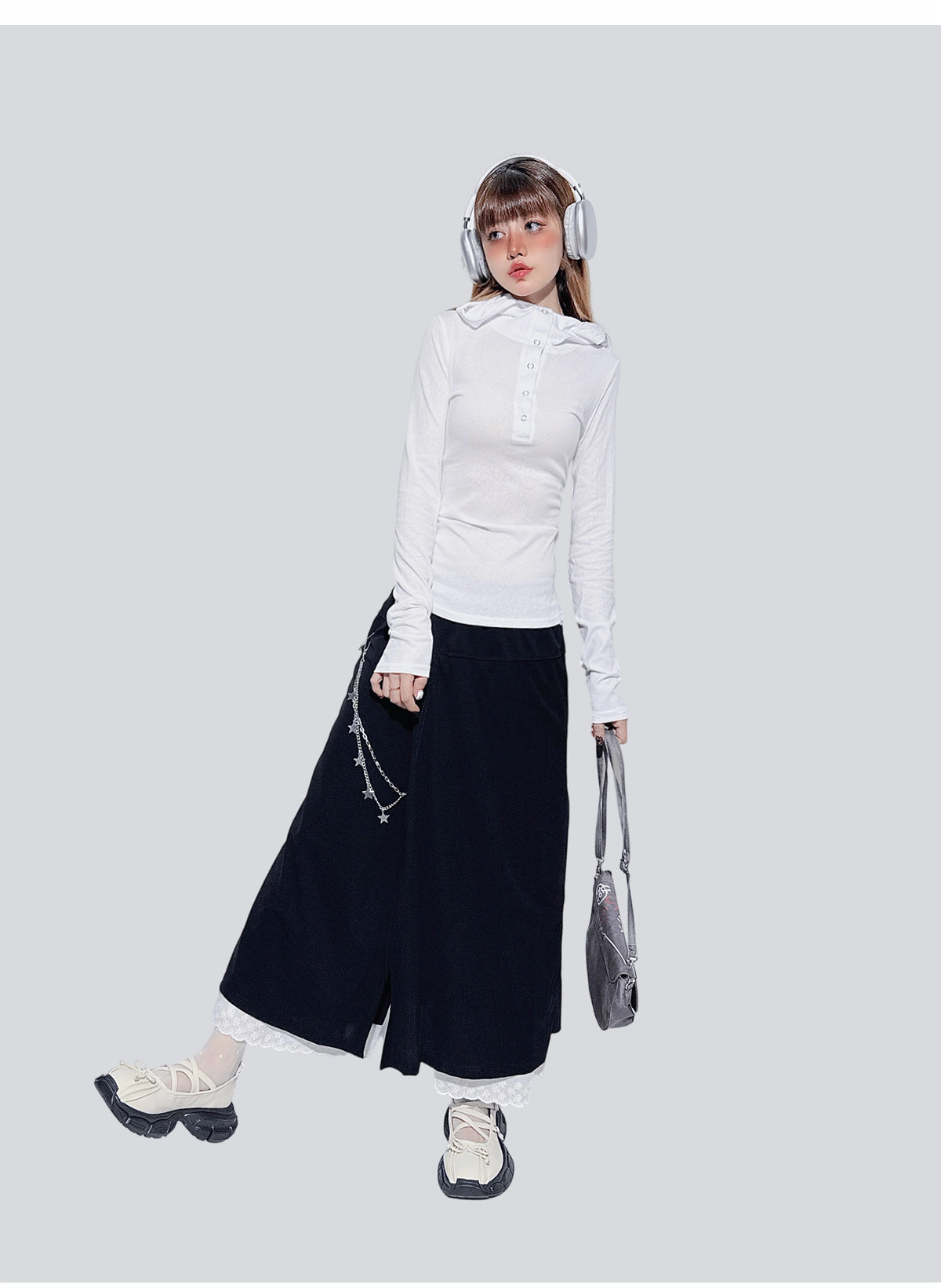 Lace Trim Chain Detail Skirt-Pants