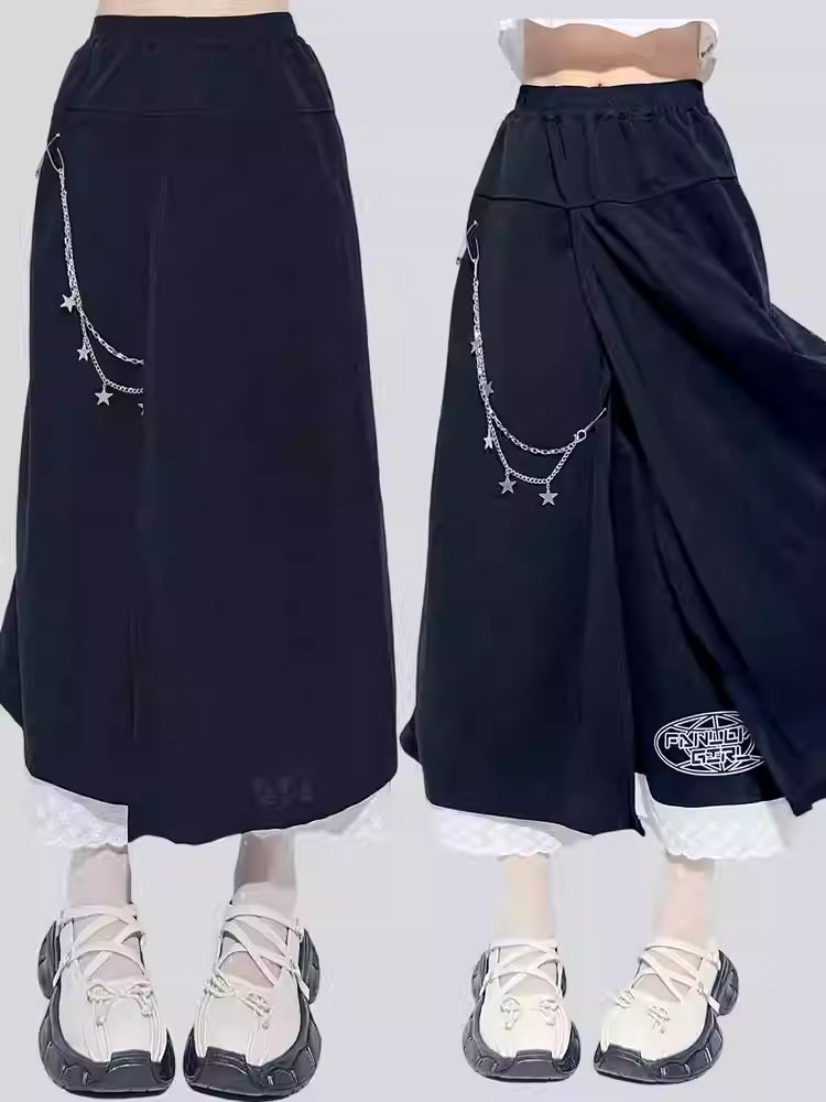 Lace Trim Chain Detail Skirt-Pants