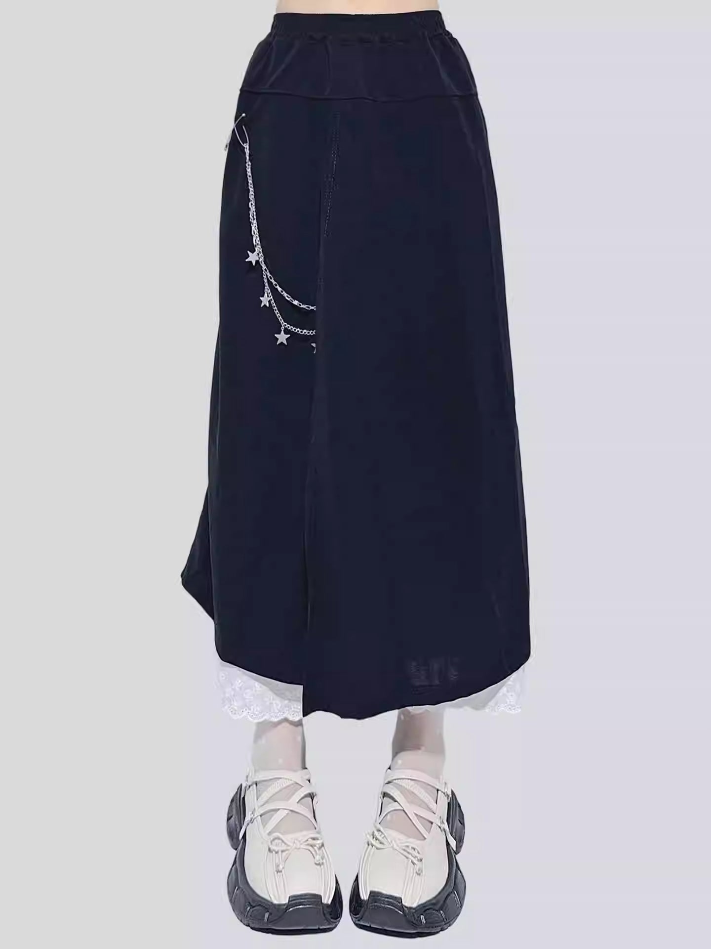 Lace Trim Chain Detail Skirt-Pants