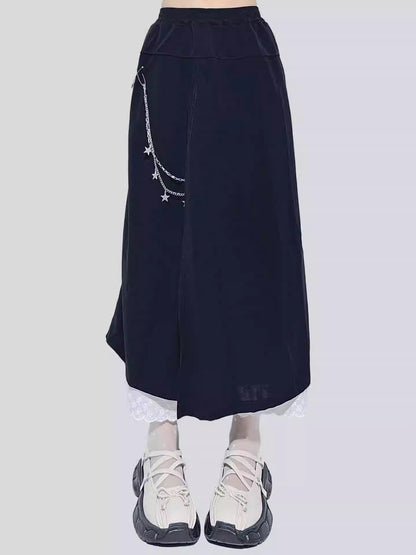 Lace Trim Chain Detail Skirt-Pants