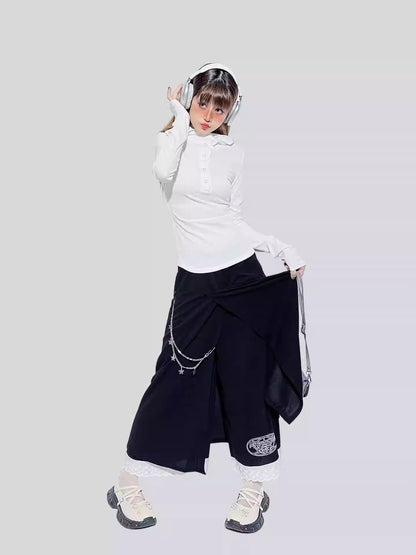 Lace Trim Chain Detail Skirt-Pants