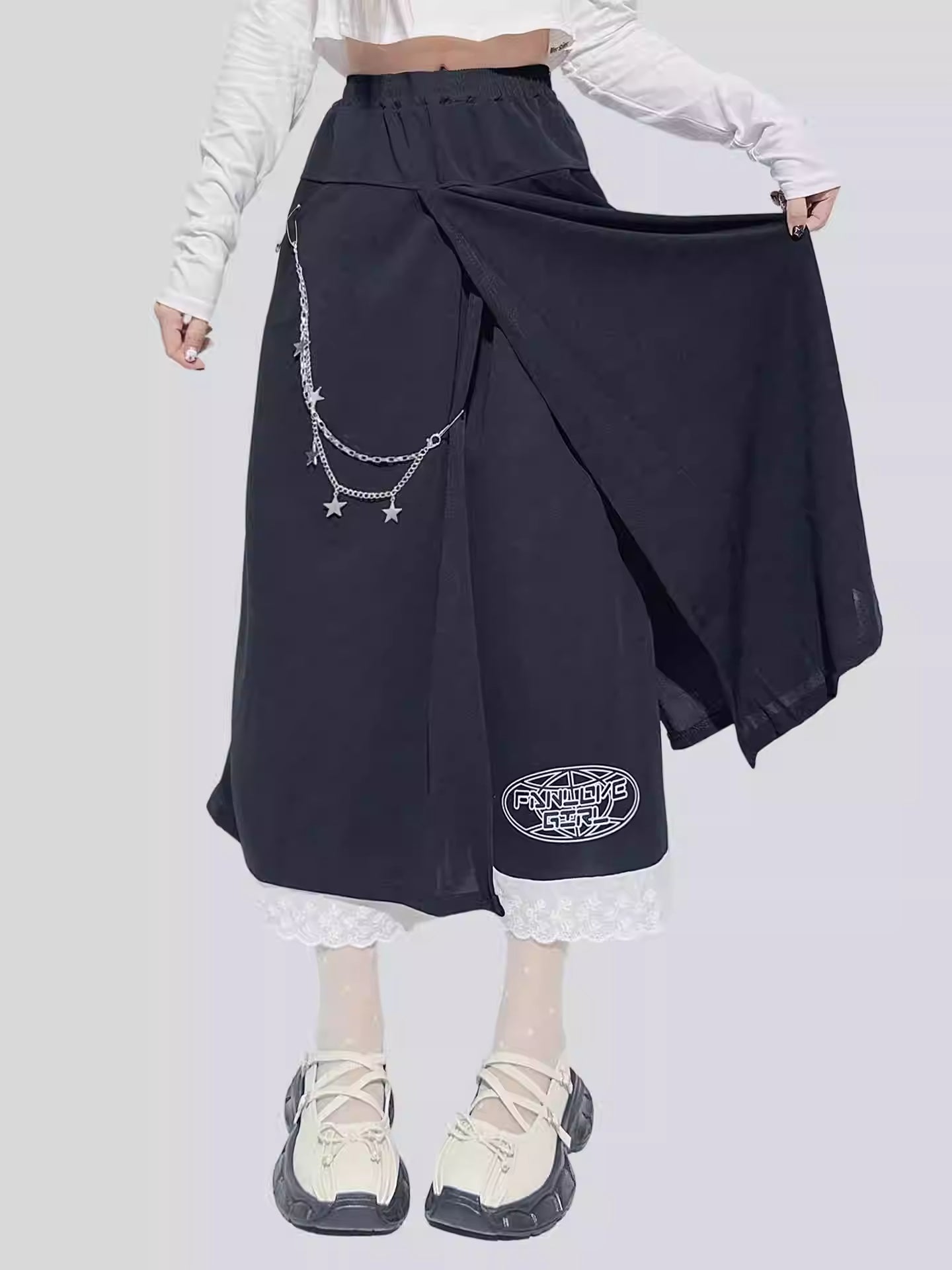 Lace Trim Chain Detail Skirt-Pants