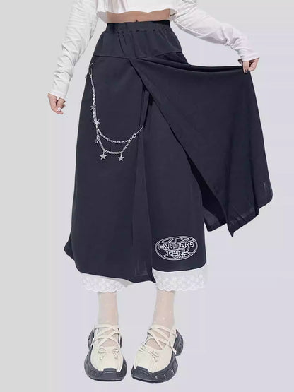 Lace Trim Chain Detail Skirt-Pants