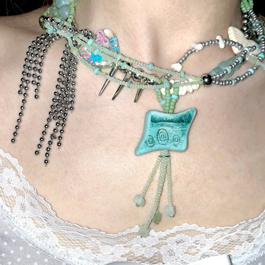 Lakeside Blue Beaded Tassel Choker