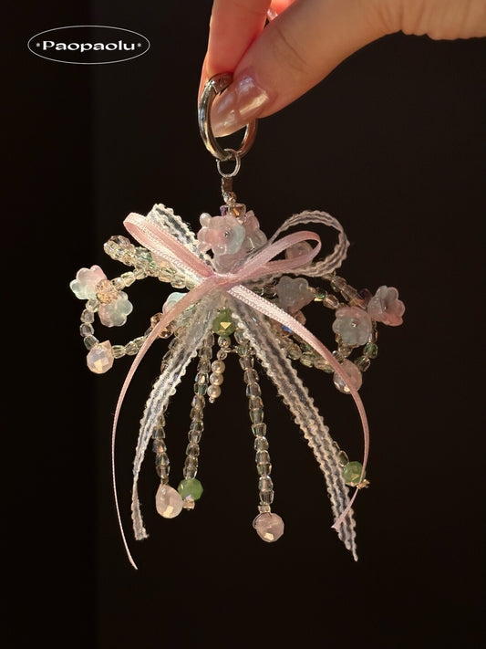Layered Pink & Green Bow Beaded Phone Charm