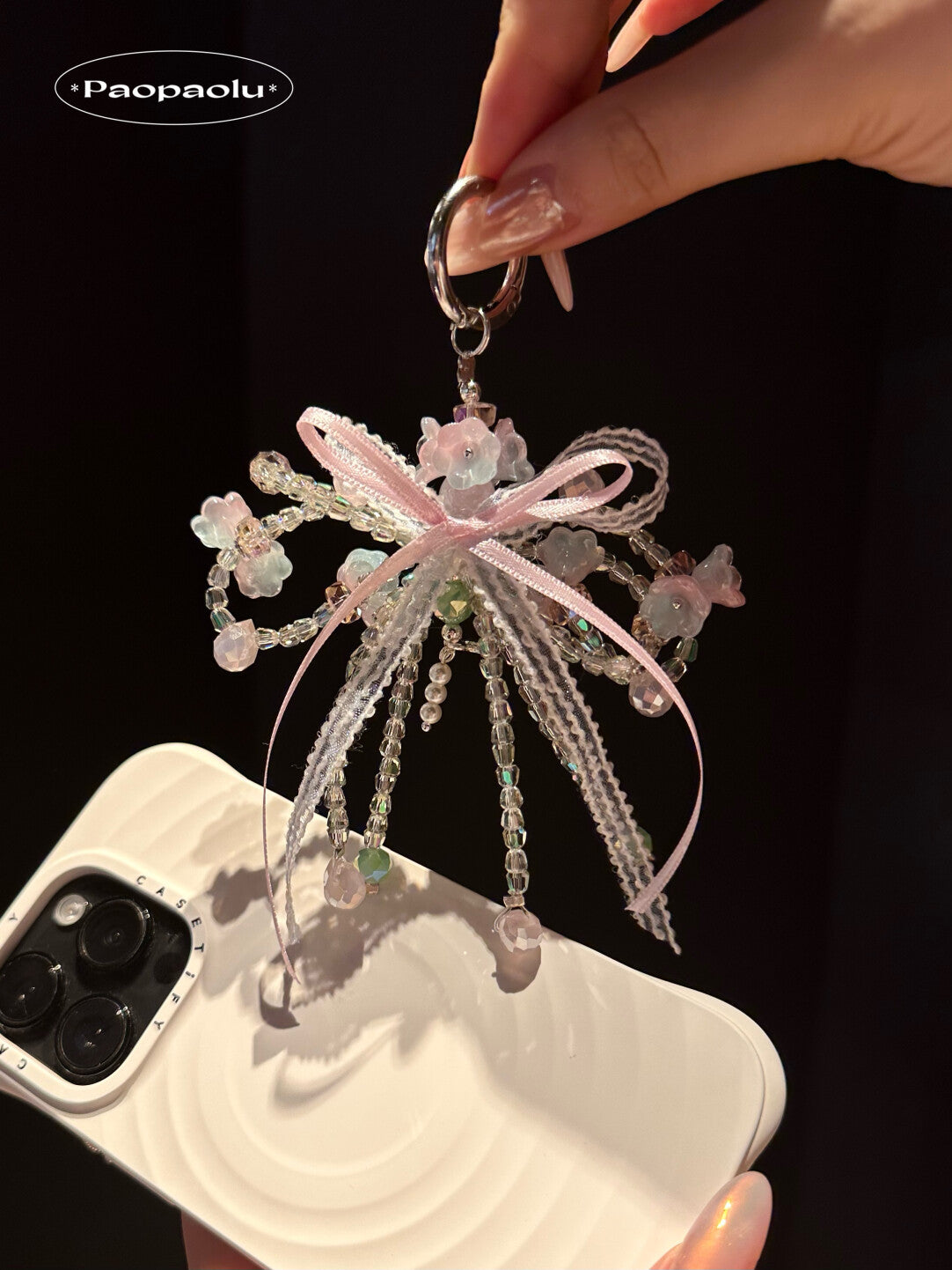 Layered Pink & Green Bow Beaded Phone Charm