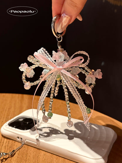 Layered Pink & Green Bow Beaded Phone Charm