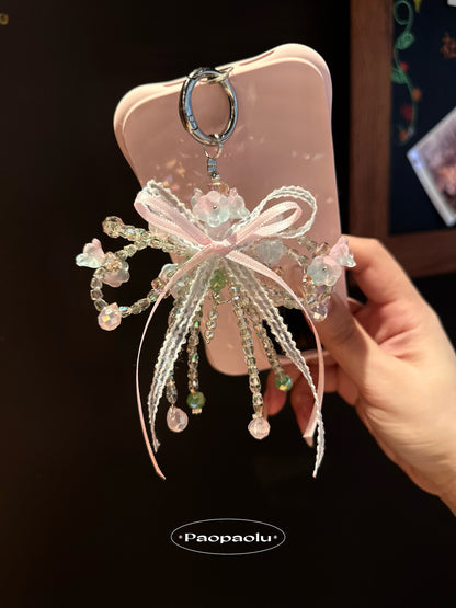 Layered Pink & Green Bow Beaded Phone Charm