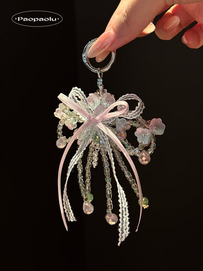 Layered Pink & Green Bow Beaded Phone Charm