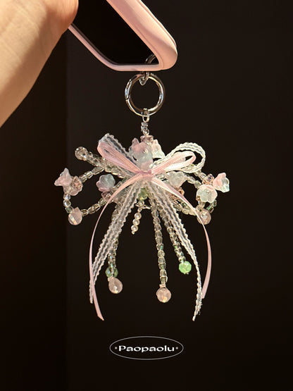 Layered Pink & Green Bow Beaded Phone Charm