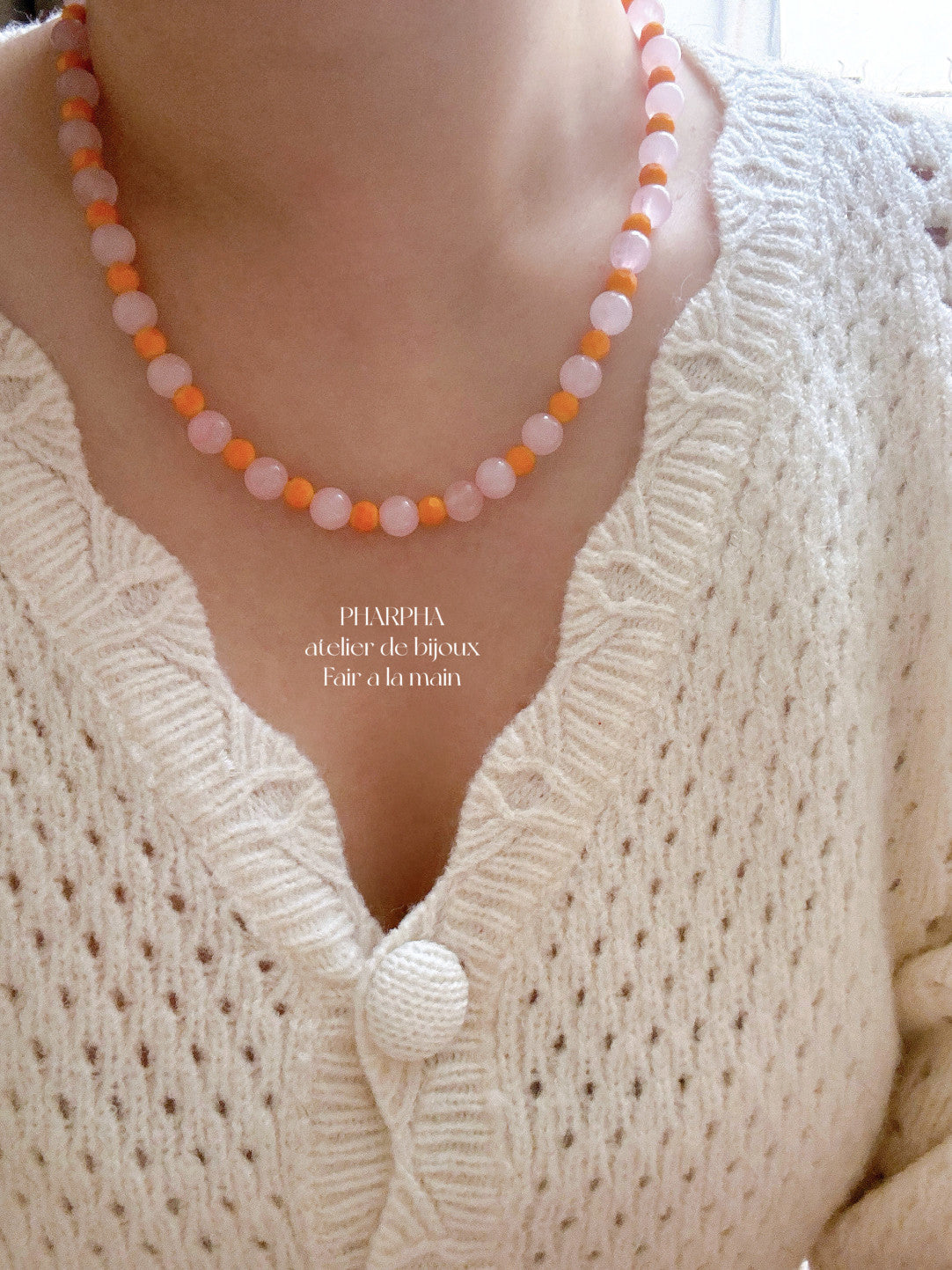 Mango Soda Pink Crystal Beaded Necklace