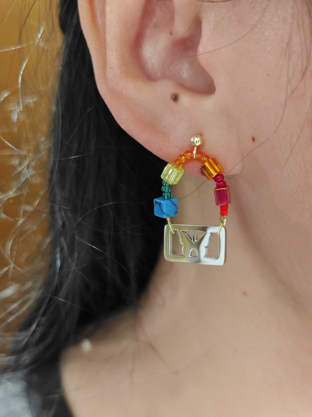Metal Butterfly Beaded Rainbow Earrings