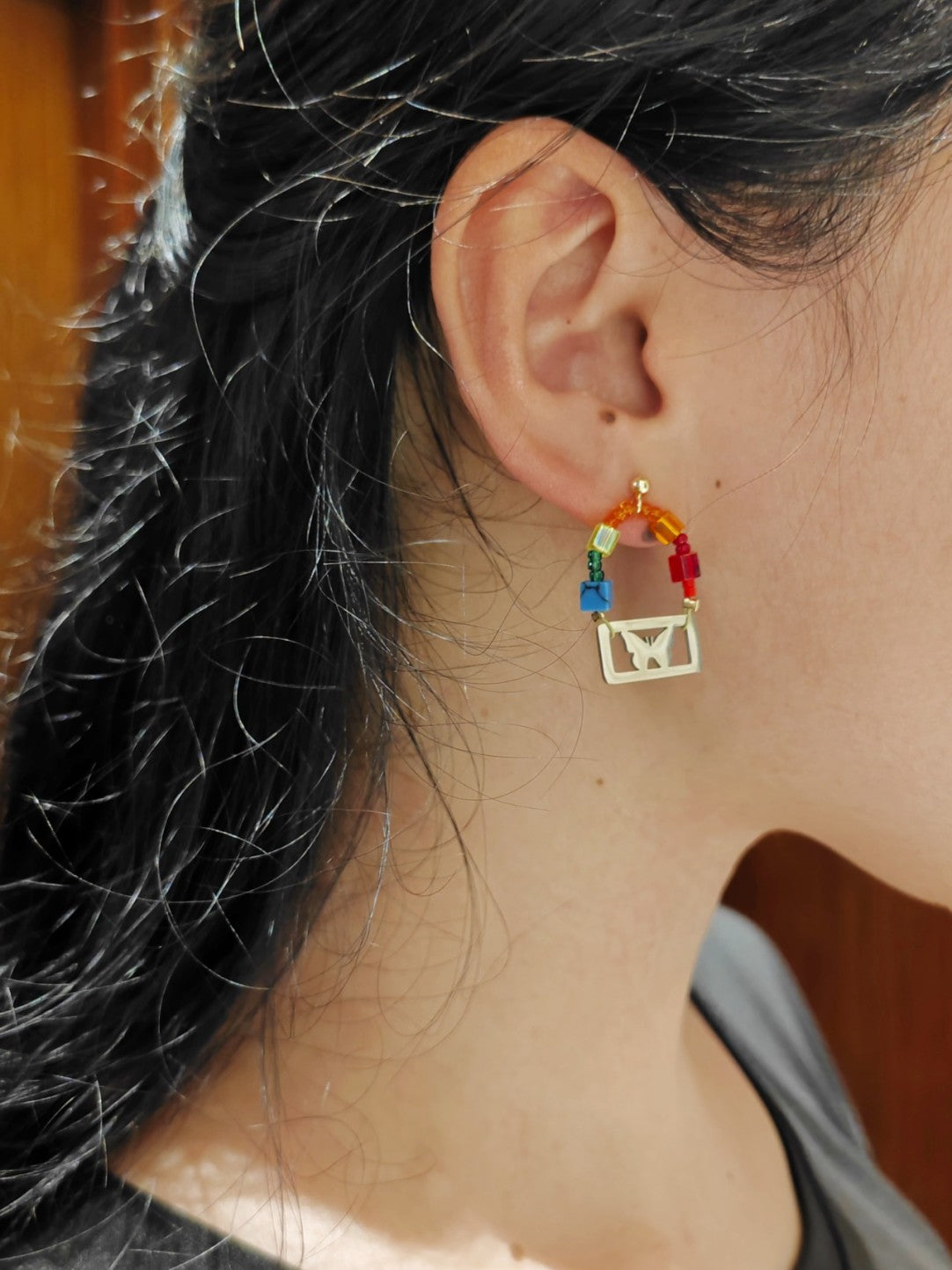 Metal Butterfly Beaded Rainbow Earrings
