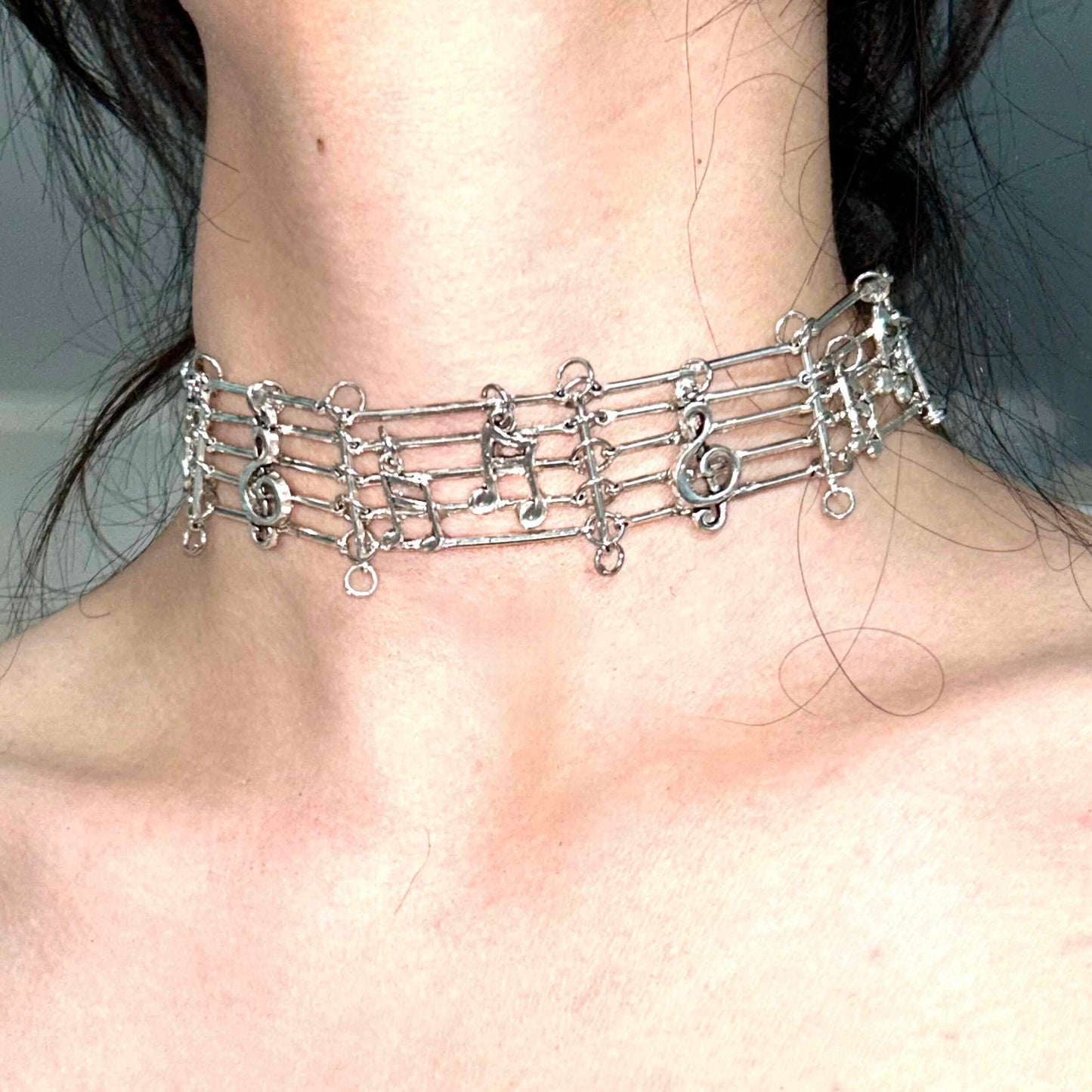 Metal Music Staff Note Choker | Necklace | Three Fleas