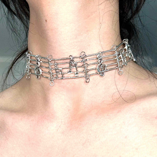 Metal Music Staff Note Choker | Necklace | Three Fleas