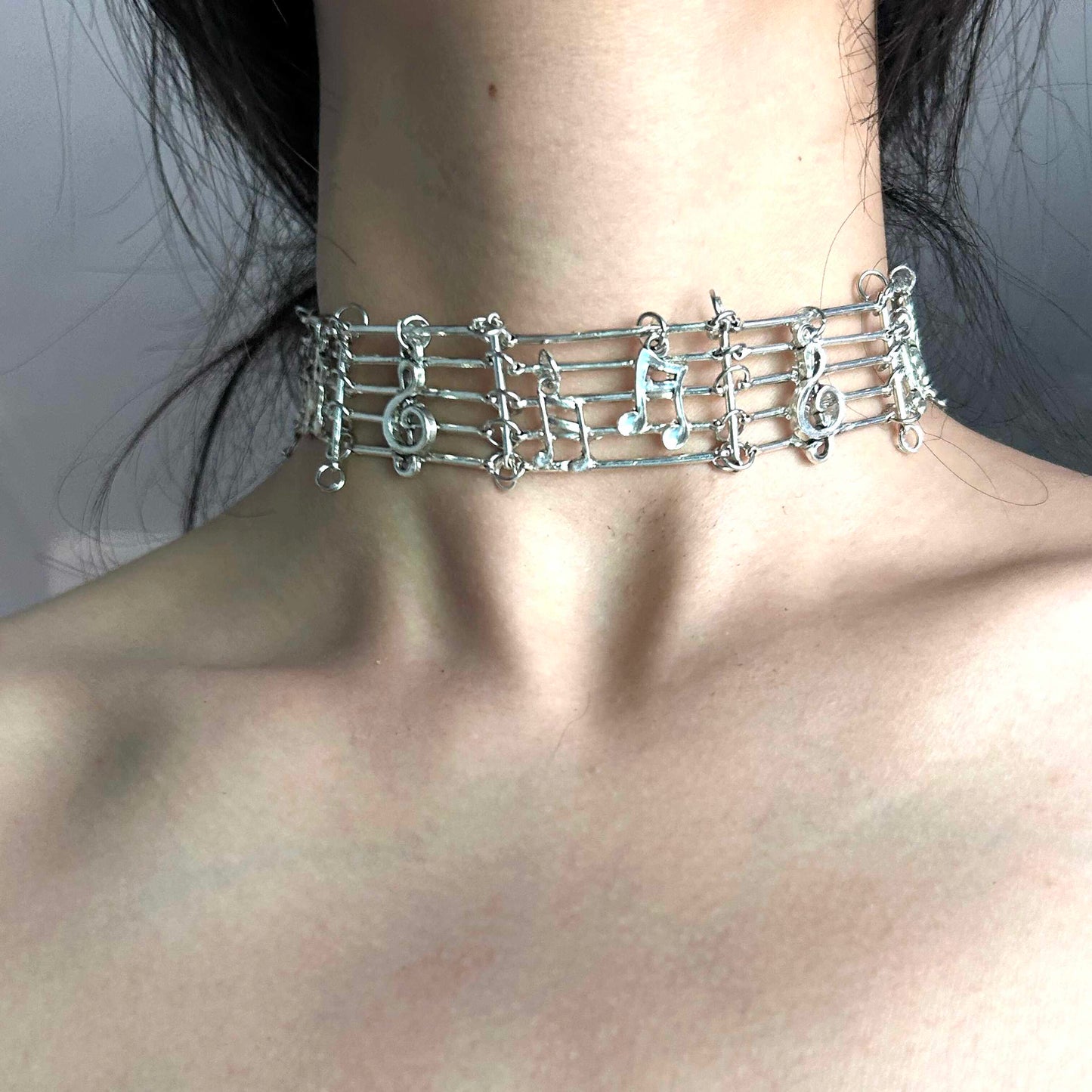 Metal Music Staff Note Choker | Necklace | Three Fleas
