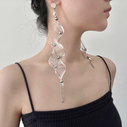 Metal Wire Woven Wave Long Earring
