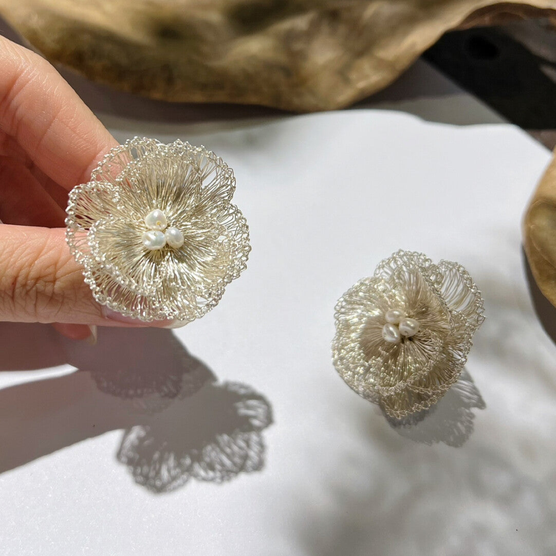 Metal Woven Camellia Freshwater Pearl Earrings