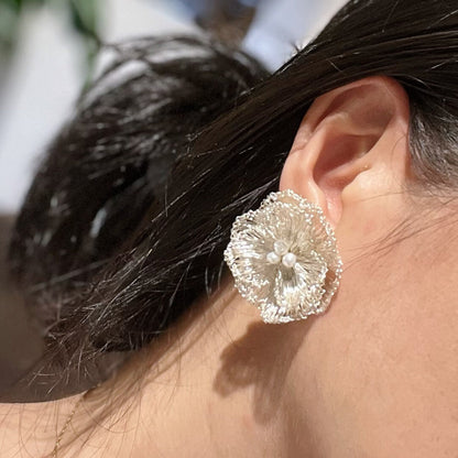 Metal Woven Camellia Freshwater Pearl Earrings